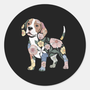 Flowery Beagle Silhuette Design Classic Round Sticker