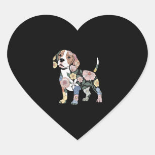 Flowery Beagle Silhuette Design Heart Sticker