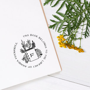 Flowery Book Custom Name Initial Library Rubber Stamp