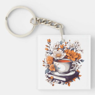 Flowery Books and Tea - Floral Book lovers Key Ring