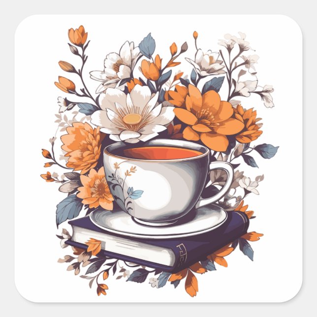 Flowery Books and Tea - Floral Book lovers Square Sticker (Front)