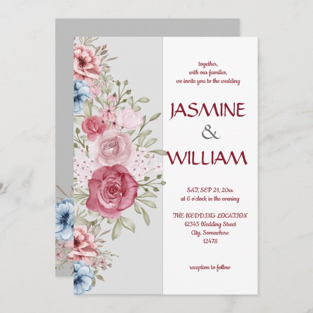 Flowery bouquet of pink and blue flowers invitation (Front/Back)