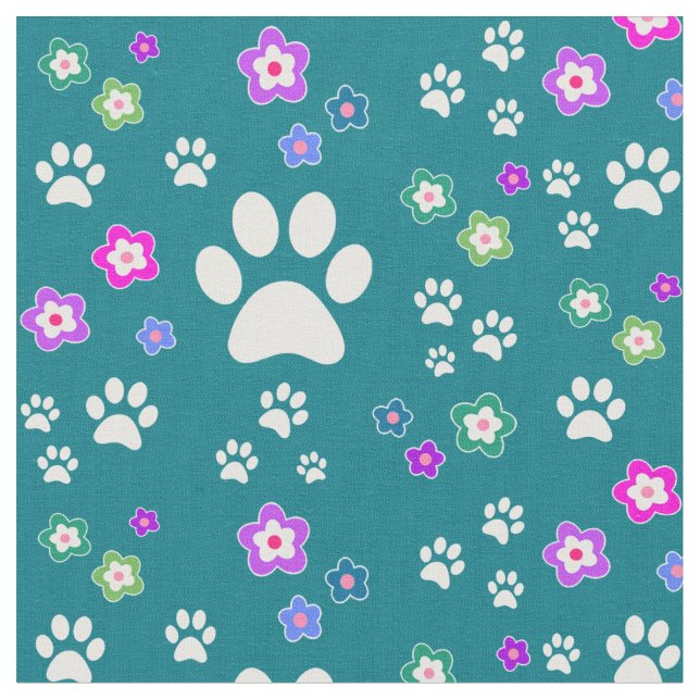 Flowery Dog Pawprint Fabric (Close Up)