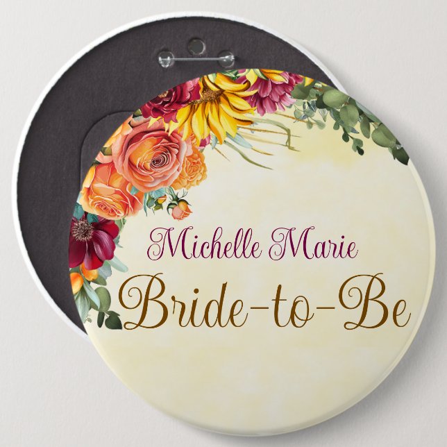 Flowery Fall Bridal Shower Bride Button (Front & Back)