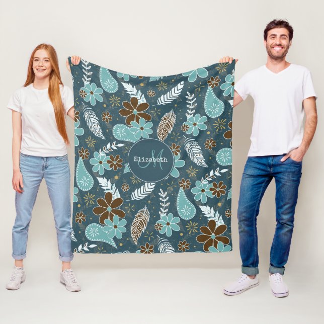 flowery feathery teal turquoise brown boho fleece blanket (In Situ)