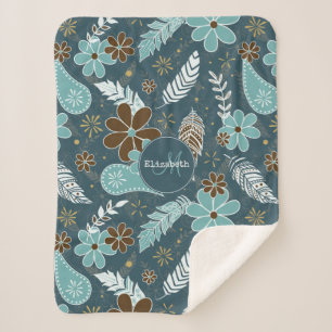 flowery feathery teal turquoise brown boho sherpa blanket