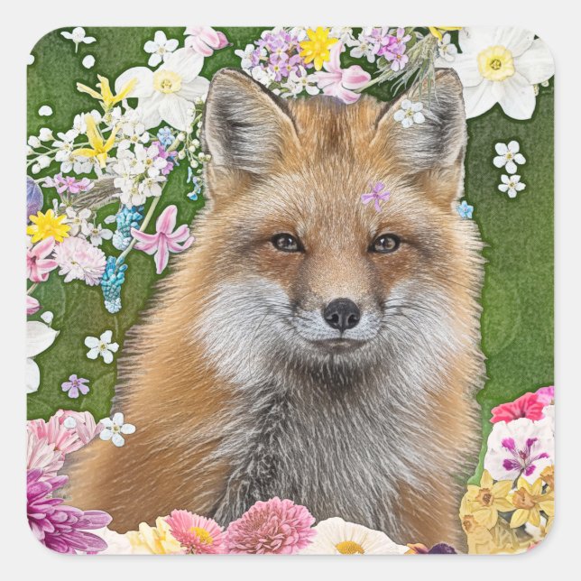 Flowery Fox Square Sticker (Front)