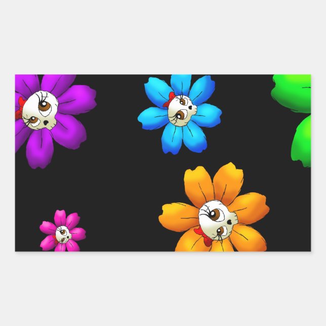 Flowery skulls rectangular sticker (Front)