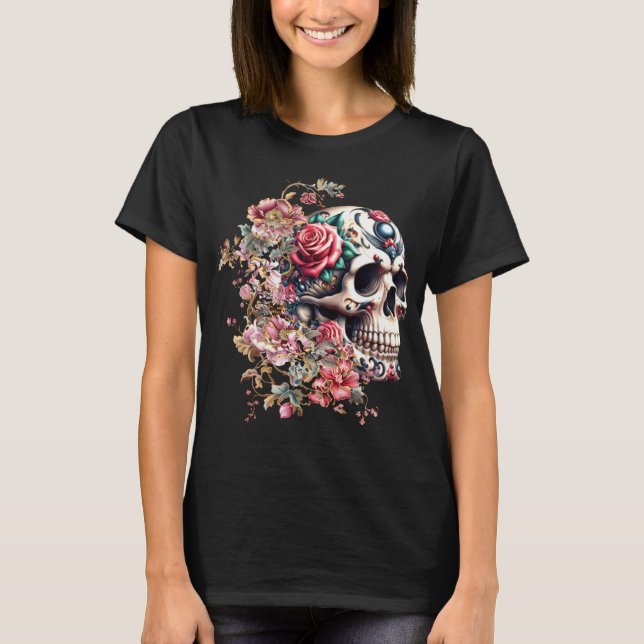 Flowery Sugar Skull Colourful Day Of The Dead T-Shirt (Front)