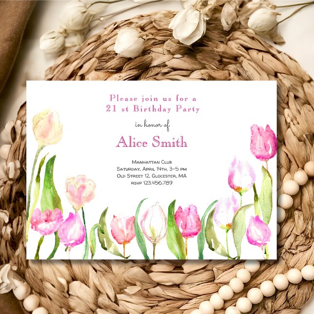 Flowery tulips garden watercolor birthday invitation (Creator Uploaded)