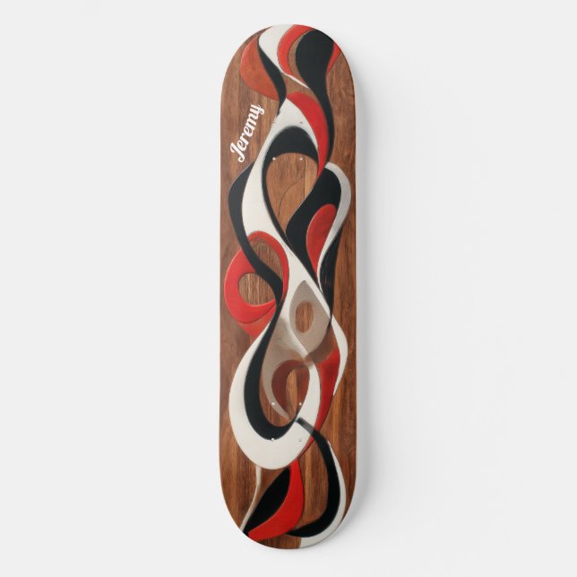 Flowing abstract black, red, white on walnut skateboard (Front)