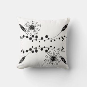 Flowing Black and White Floral Design Cushion