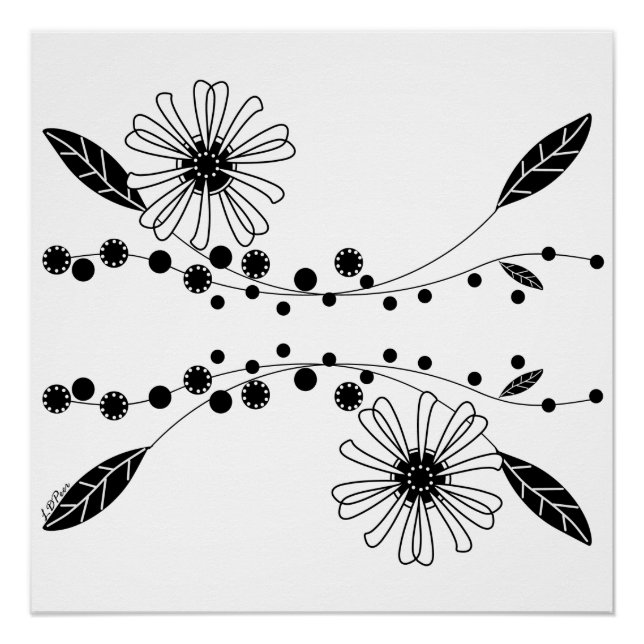 Flowing Black and White Floral Design Poster (Front)