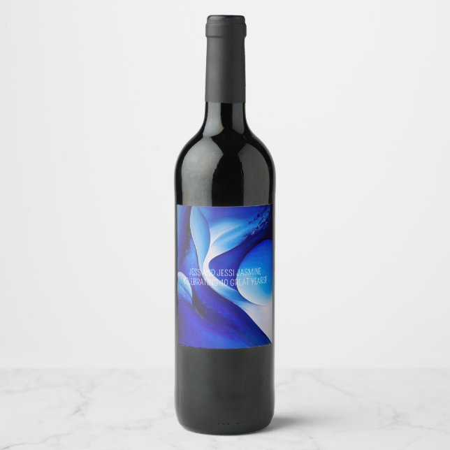 FLOWING BLUE CURVES ABSTRACT WINE LABEL (Front)