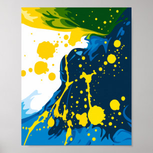 Flowing Blue Waves with Yellow Paint Splashes Poster
