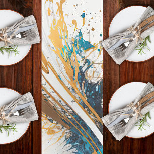 Flowing Blues and Golds - Dynamic Abstract Design Short Table Runner