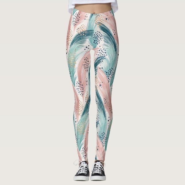Flowing Brushstroke & Gold Dot Abstract Pattern Leggings (Front)