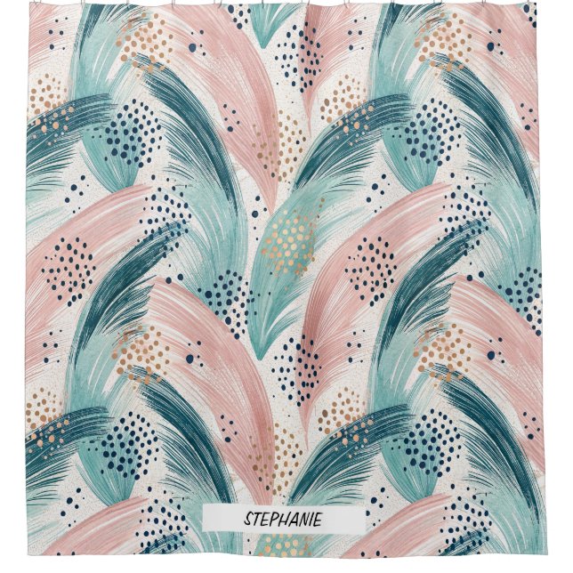 Flowing Brushstroke & Gold Dot Abstract Pattern Shower Curtain (Front)