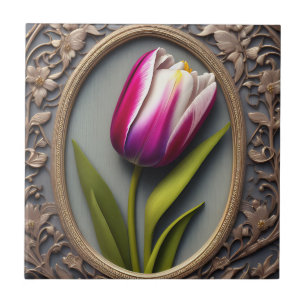 Flowing Elegance: Pink Tulip in Art Nouveau Design Ceramic Tile
