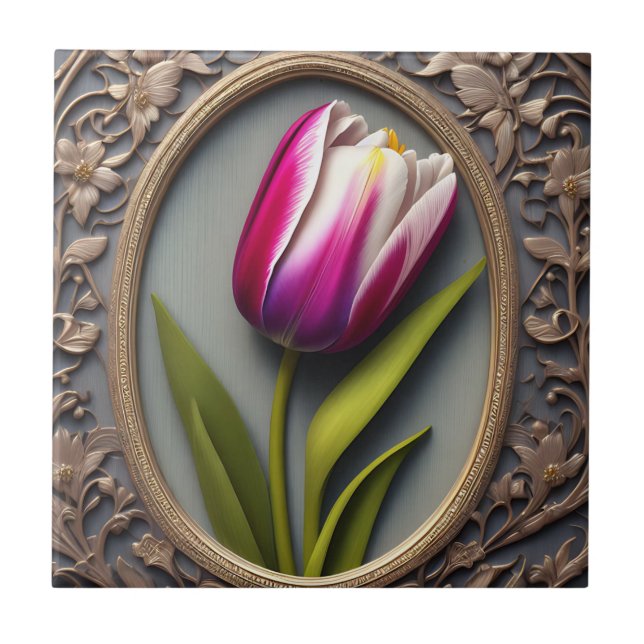 Flowing Elegance: Pink Tulip in Art Nouveau Design Ceramic Tile (Front)