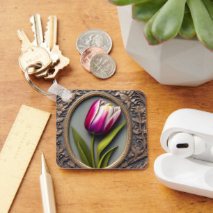 Flowing Elegance: Pink Tulip in Art Nouveau Design Key Ring