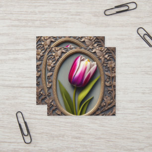 Flowing Elegance: Pink Tulip in Art Nouveau Design Square Business Card