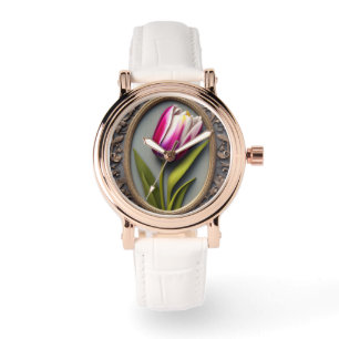 Flowing Elegance: Pink Tulip in Art Nouveau Design Watch