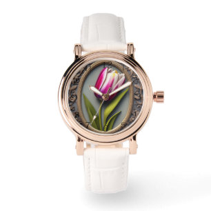Flowing Elegance: Pink Tulip in Art Nouveau Design Watch