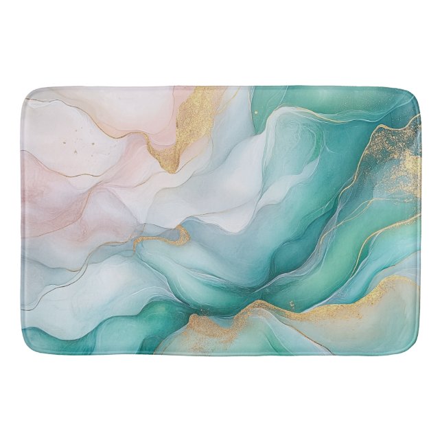 Flowing Emerald and Gold Marble  Bath Mat (Front)