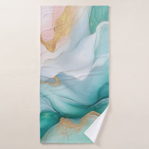 Flowing Emerald and Gold Marble Bath Towel