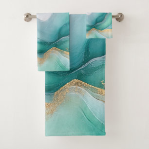 Flowing Emerald and Gold Marble Bath Towel Set