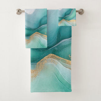 Flowing Emerald and Gold Marble Bath Towel Set
