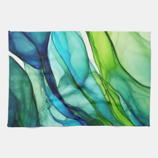 Flowing forms in green and blues tea towel