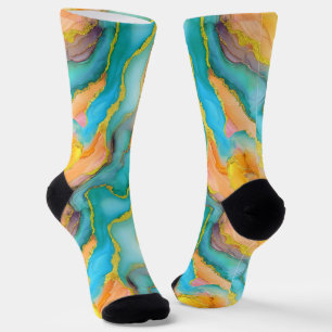 Flowing  Marble Effect  in Teal, Orange and Gold Socks
