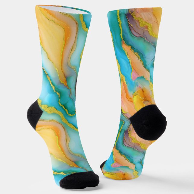 Flowing  Marble Effect  in Teal, Orange and Gold Socks (Angled)