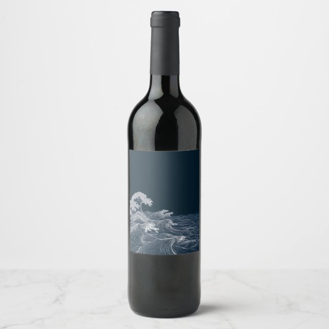 Flowing Ocean Waves Line Art Wine Label (Front)