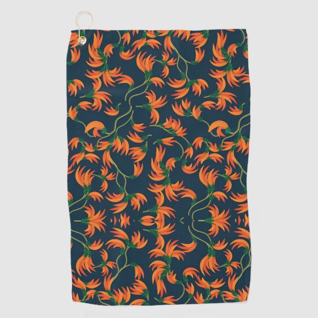 Flowing Orange Floral Pattern Golf Towel (Front)