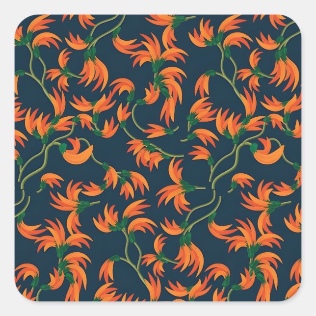  Flowing Orange Floral Pattern Square Sticker (Front)