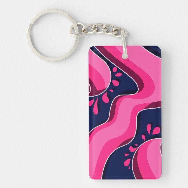 Flowing Pink Waves on a Navy Blue Background Key Ring (Front)
