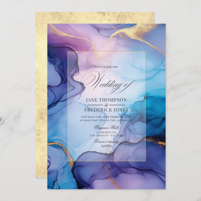 Flowing Purple, Blue, and Gold Alcohol Ink Wedding Invitation (Front/Back)