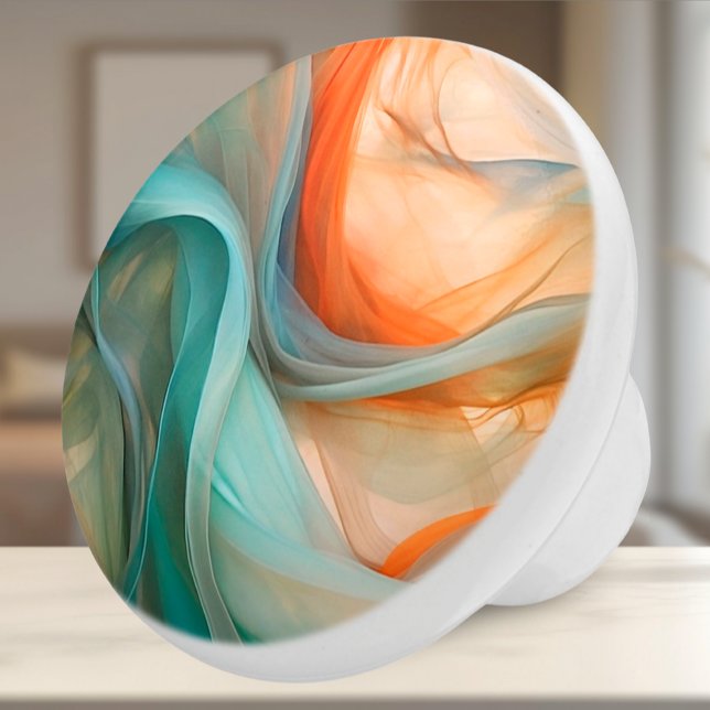 Flowing Silk Abstract Ceramic Knob (Ceramic Knob - Artsy Orange & Teal Flowing Silk Fabric - Decor Accent for Bedroom or Bath)