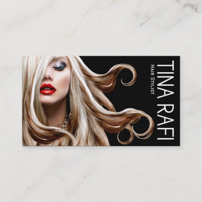 Flowing Tresses Hair Stylist blonde | black Business Card (Front)