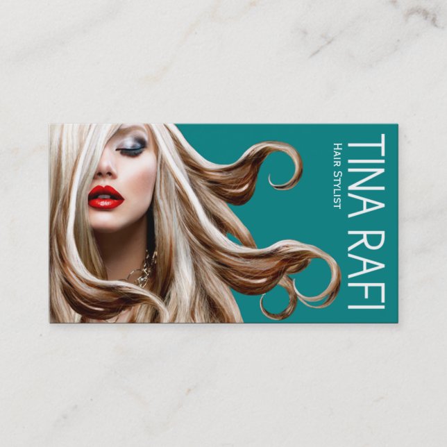 Flowing Tresses Hair Stylist blonde | teal Business Card (Front)