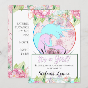 Flowing Unicorn It's a Girl (flowers & dandelions) Invitation