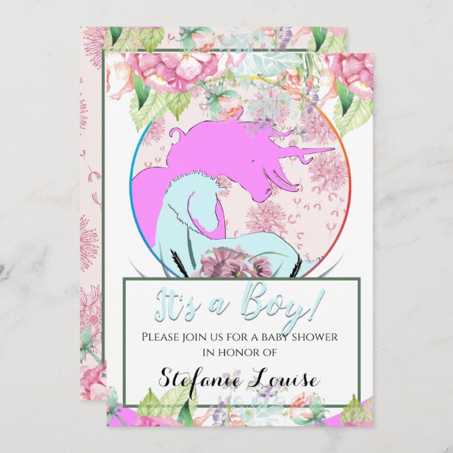 Flowing Unicorn Pink It's a Boy! (flowers &dande) Invitation (Front/Back)