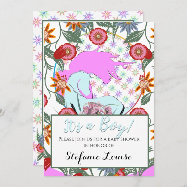 Flowing Unicorn Pink It's a Boy! (flowers & pink) Invitation (Front/Back)