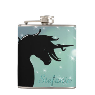 Flowing Unicorn Silhouette (hazy green w/ stars) Hip Flask