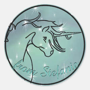 Flowing Unicorn Silhouette (misty green w/stars) Classic Round Sticker