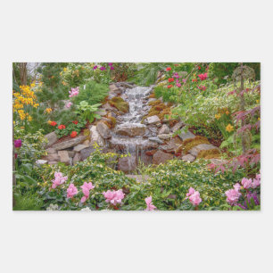 Flowing Waterfall with spring flowers Rectangular Sticker