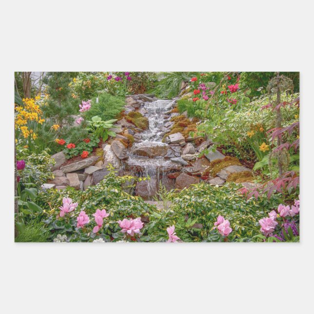 Flowing Waterfall with spring flowers Rectangular Sticker (Front)